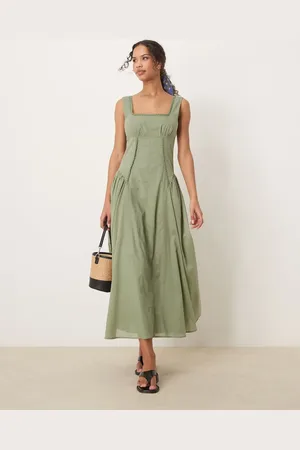 ASOS Prairie square neck midaxi dress with dropped waist in khaki