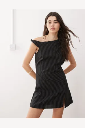 Reclaimed Tailored structured mini skort dress with one shoulder detail in pinstripe