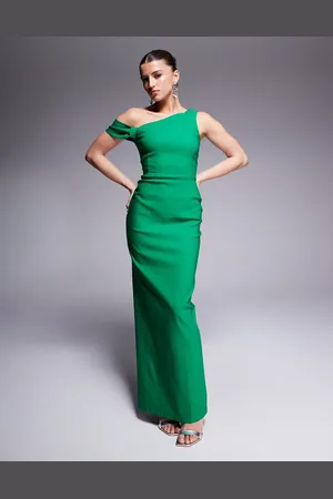 Vesper Bengaline one shoulder knot detail maxi bodycon dress in emerald