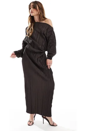 ASOS Plisse fallen shoulder long sleeve midi dress in chocolate