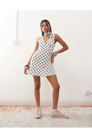 Reclaimed V-neck mini dress with scarf in polka dot print