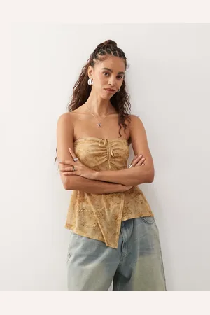 Reclaimed Mesh gathered detail floral print bandeau top in mocha