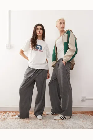 Reclaimed Unisex pull on wide leg pinstripe trouser in charcoal - CHARCOAL