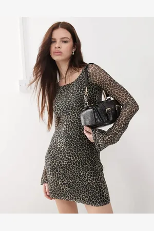 Motel Sartika flared sleeve giraffe print mini dress in black and cream