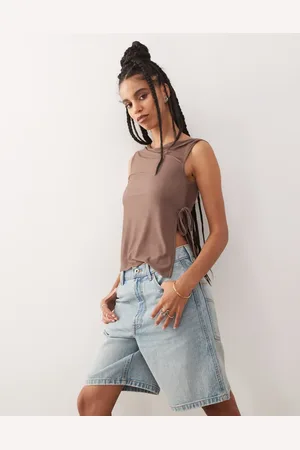 Reclaimed Twist detail off the shoulder jersey top with tie sides in mocha