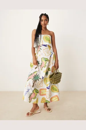 ASOS Fold over bandeau midi dress with godets in tropical conversational print