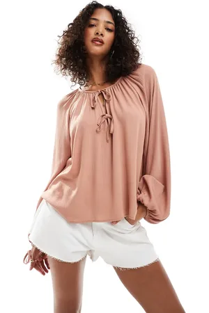 Miss Selfridge Tie front balloon sleeve boho blouse in chocolate