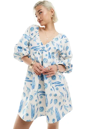 VERO MODA Blouson sleeve mini dress in blue sealife print