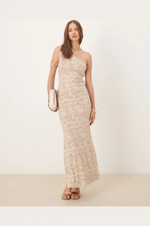 ASOS Devore one shoulder maxi dress with tie back detail in stone