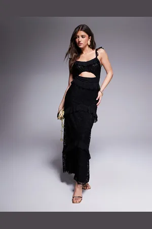 ASOS Lace and mesh mix tiered ruffle maxi dress in black