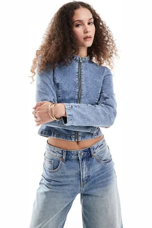 Monki Fitted zip front denim jacket in mid