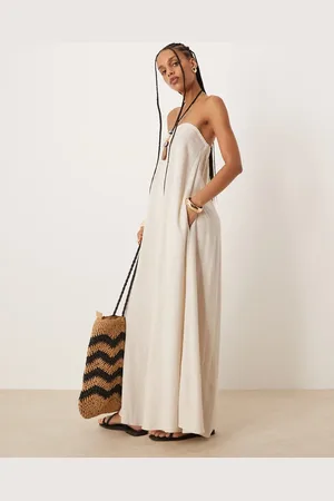 ASOS Linen look bandeau maxi dress in oat