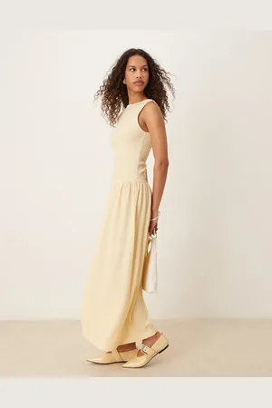 ASOS Textured maxi dress with dropped waist in buttermilk