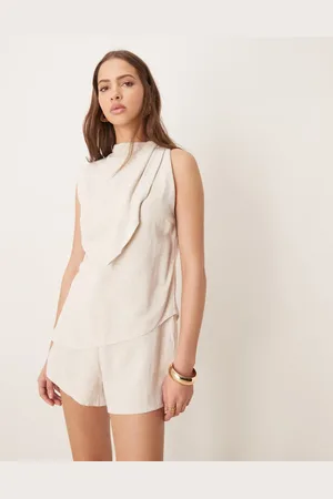 ASOS Linen double layer neck tie detail playsuit in oat