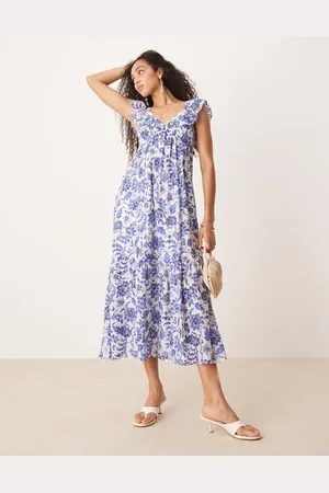 MANGO Ruffle sleeve midi dress in botanical print