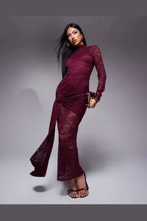 ASOS Lace long sleeve midi dress with open back with tie wrap in burgundy