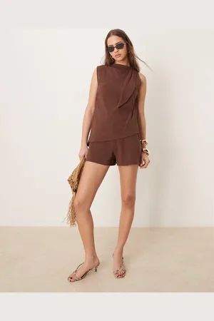 ASOS Linen double layer neck tie detail playsuit in chocolate