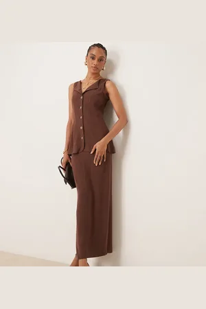 ASOS ASOS DESIGN Tall linen waistcoat detail midi dress in chocolate
