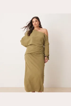 ASOS ASOS DESIGN Curve linen asym fallen shoulder long sleeve midi dress in khaki