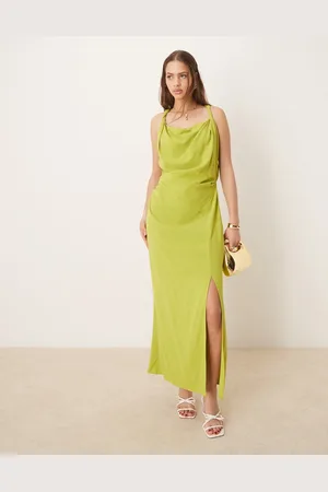 ASOS Linen twist shoulder detail midi dress with ruching in pale