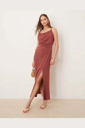 ASOS Linen twist shoulder detail midi dress with ruching in apple butter