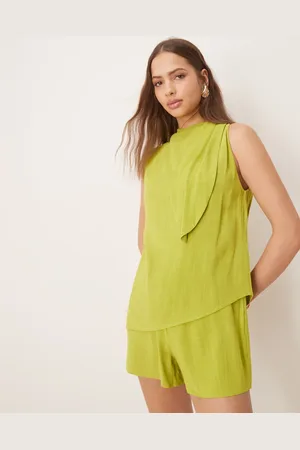 ASOS Linen double layer neck tie detail playsuit in lime