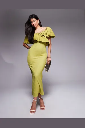 ASOS Textured midi dress with contrast fabric ruffle in lime