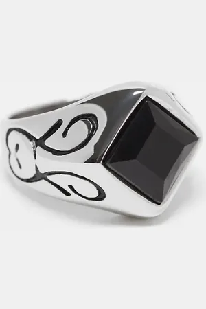 ASOS Waterproof stainless steel signet ring with geo black stone in tone