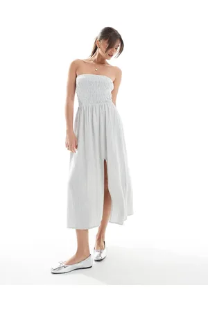 Hollister Strapless drop waist panelled midi dress in sage stripe