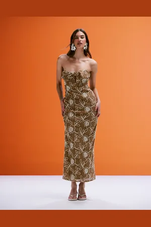 ASOS Crochet bandeau twist midi dress with floral embroidery in beige