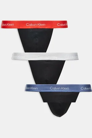 Calvin Klein Icon Cotton Stretch 3 pack thongs in with red/blue waistbands
