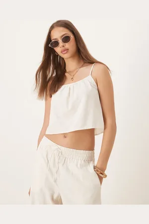 VILA Linen look cropped cami top co-ord in birch cream