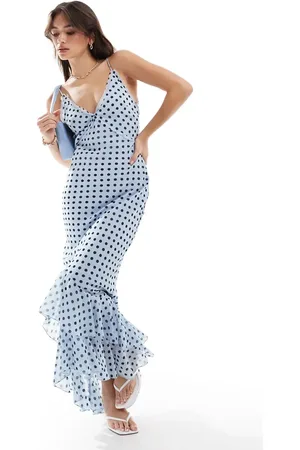 ASOS V neck strappy cross back maxi dress with raw edge details in blue spot