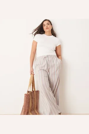 ASOS Curve linen look pull on straight leg trousers in stripe