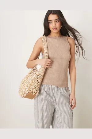 ASOS Knitted slash neck rib cami top in taupe