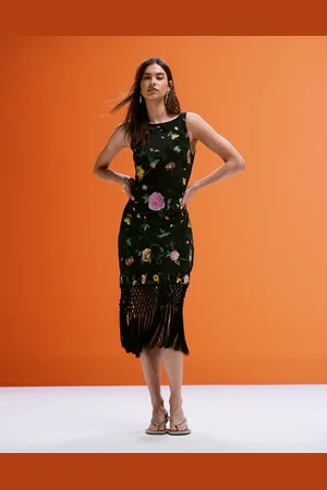 ASOS All over embroidered cowl back mini dress with fringe hem in