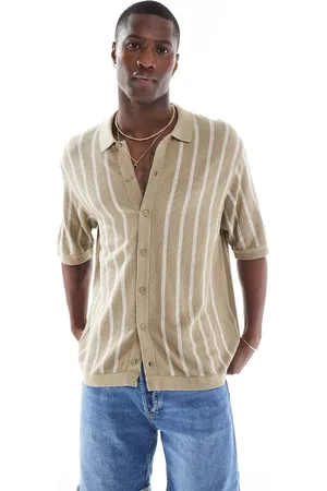 JACK & JONES Button through knitted polo in beige stripe