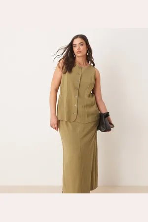 ASOS ASOS DESIGN Curve linen waistcoat detail midi dress in khaki