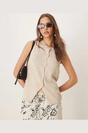 ASOS Knitted crew neck longline textured waistcoat in oatmeal