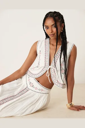 Threadbare Cotton rich woven co-ord tie waistcoat with embroidery in cream
