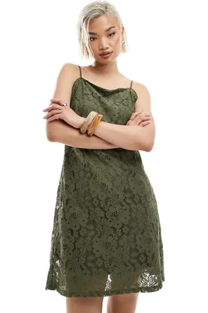 VERO MODA Square neck lace cami mini dress in olive