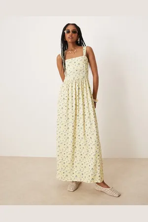 ASOS Square neck midi dress in yellow ditsy print