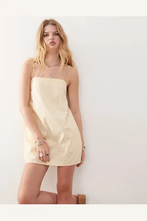 Monki Cotton poplin mini dress with tie straps in butter