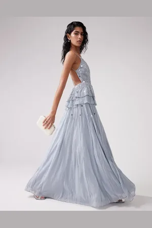 ASOS Cami maxi dress with floral embellishment and tiered peplum in steel