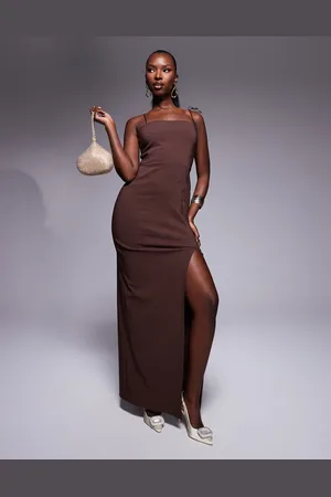 Vesper Bengaline strappy bow shoulder thigh split maxi dress in chocolate