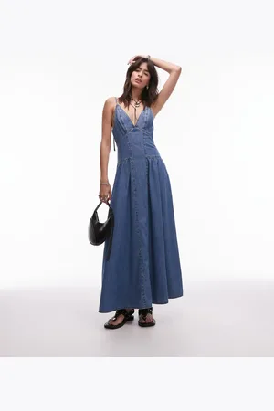 Topshop Denim maxi dress with seam detail and ruching in mid