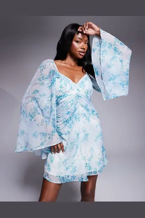 ASOS Exaggerated sleeve ruched mini dress in blue floral print