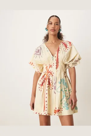 ASOS V neck short sleeve mini dress with narrow pintucks in abstract print