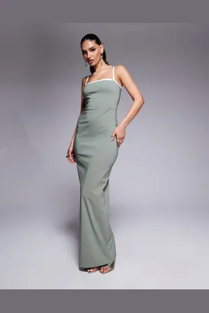 Vesper Bengaline square neck contrast piping bodycon maxi dress in sage