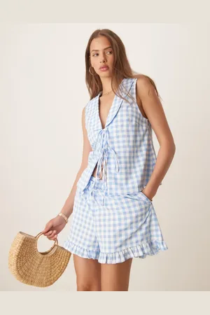 ASOS Ruffle oversized collar tank top co-ord in blue and white gingham